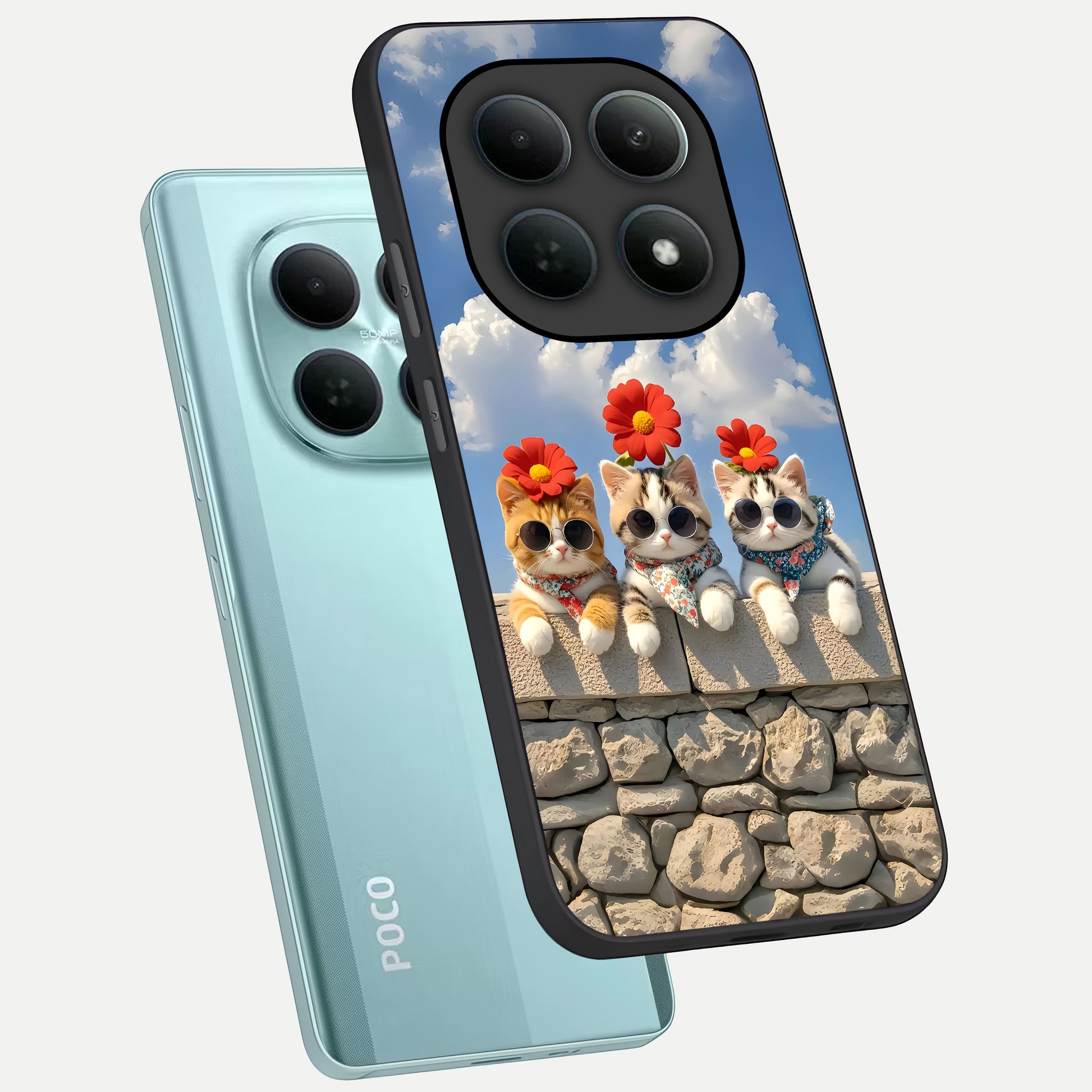  Floral Kitty Squad phone case For Poco M8 showing premium glass back cover with detailed artwork