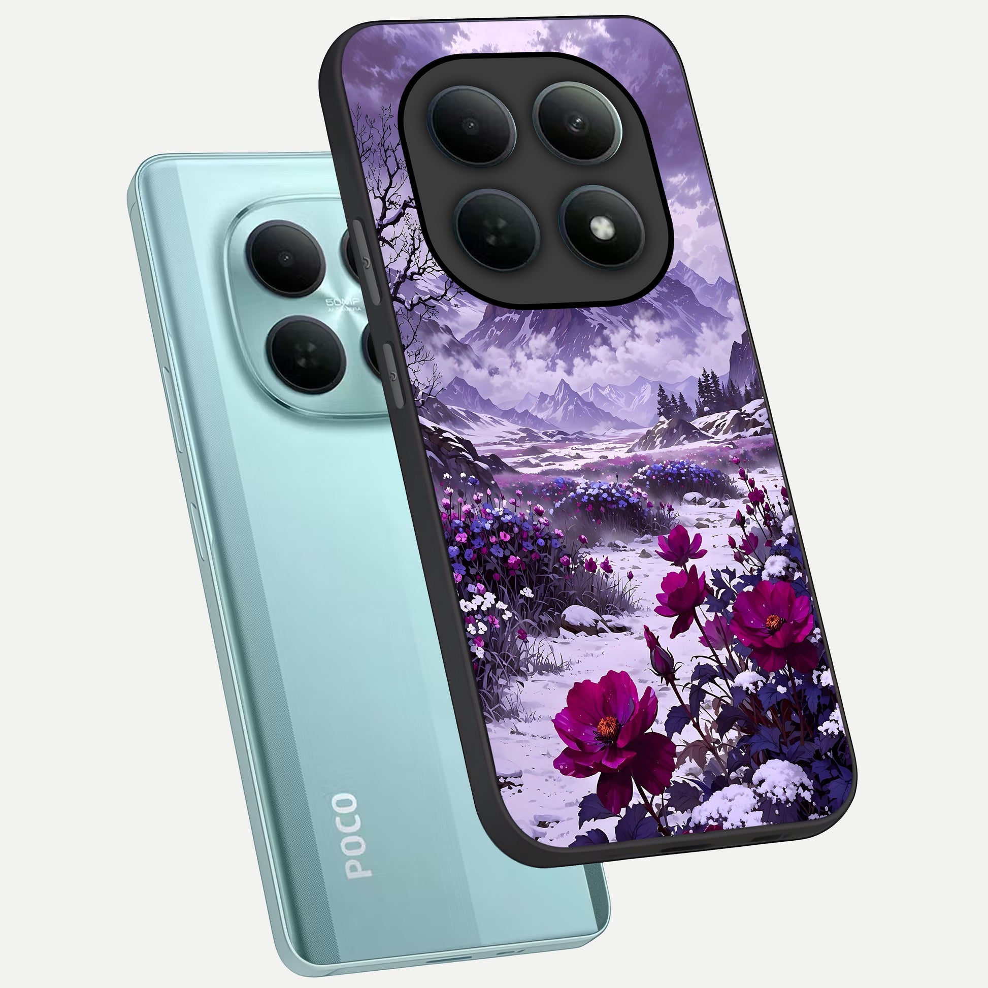  Flower Mountain View phone case For Poco M8 showing premium glass back cover with detailed artwork