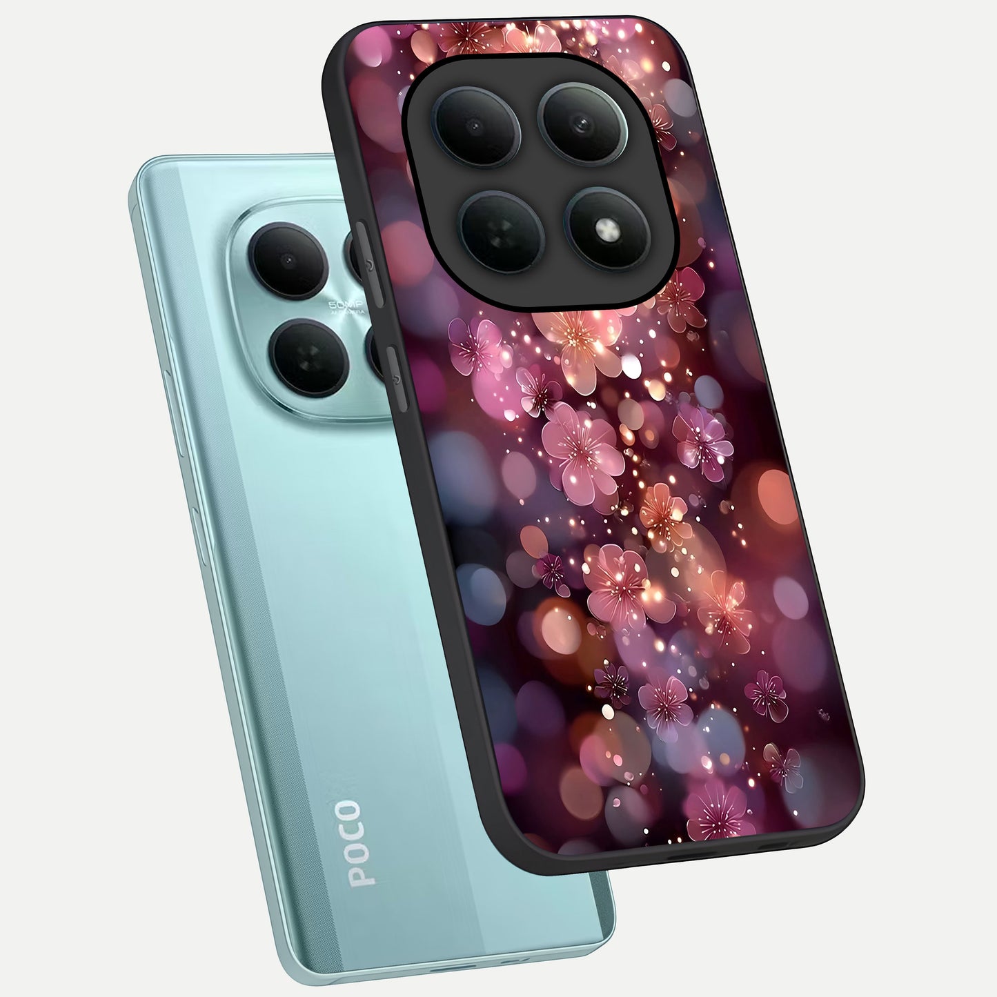  Glowing Petal Bliss phone case For Poco M8 showing premium glass back cover with detailed artwork