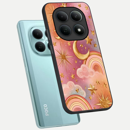  Golden Celestial Dreams phone case For Poco M8 showing premium glass back cover with detailed artwork