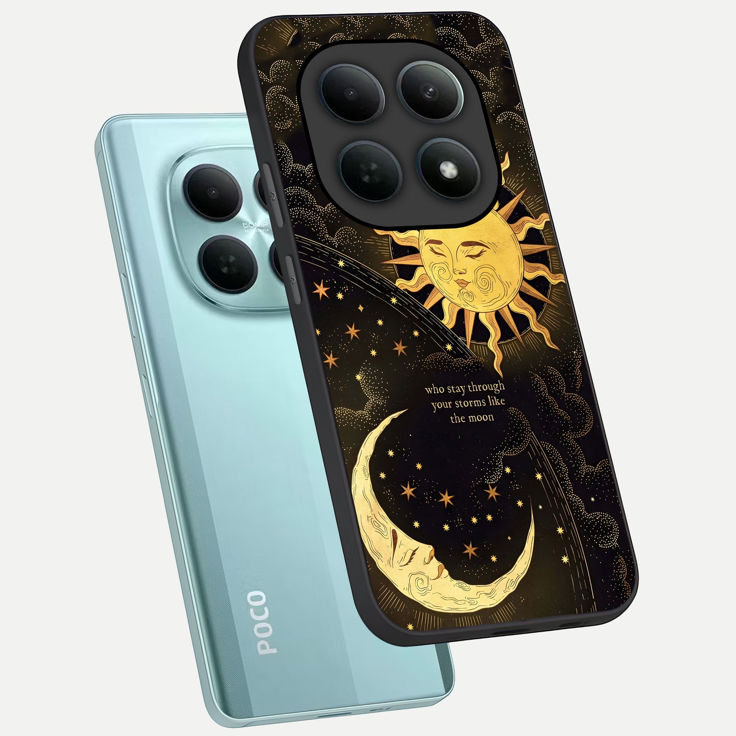  Golden Lunar Love phone case For Poco M8 showing premium glass back cover with detailed artwork