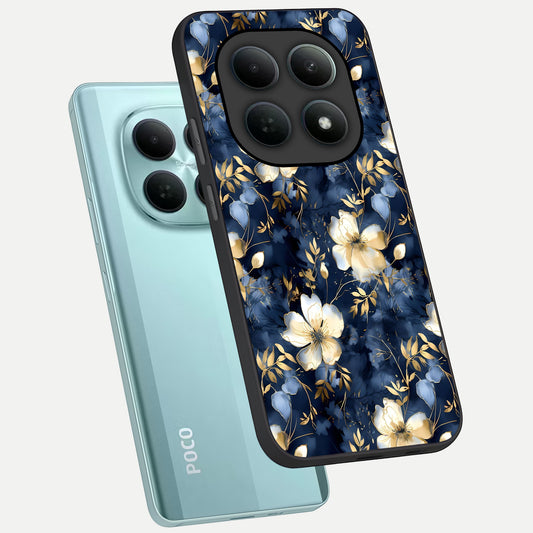  Golden Midnight Bloom phone case For Poco M8 showing premium glass back cover with detailed artwork
