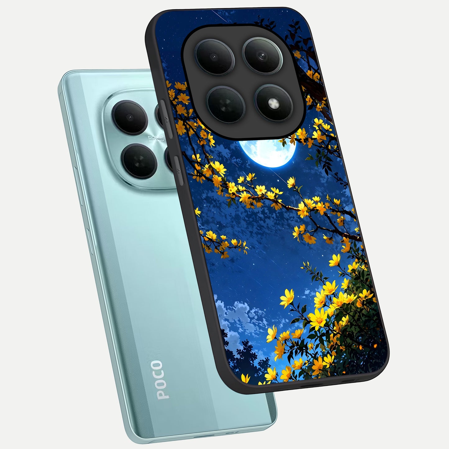  Golden Night Glow phone case For Poco M8 showing premium glass back cover with detailed artwork