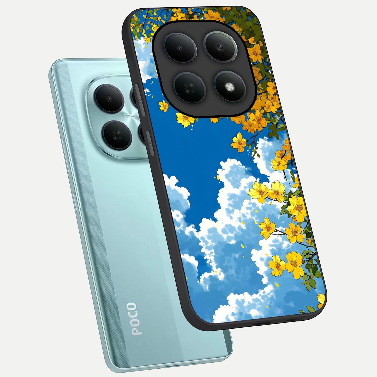  Golden Petal Sky phone case For Poco M8 showing premium glass back cover with detailed artwork