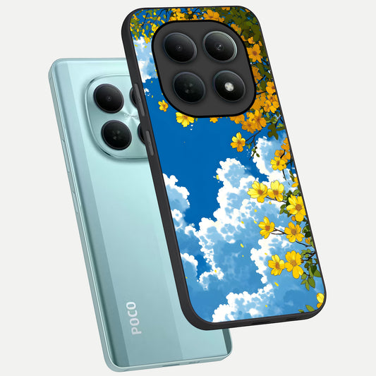  Golden Petal Sky phone case For Poco M8 showing premium glass back cover with detailed artwork