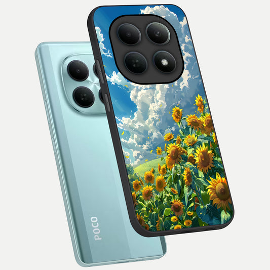  Golden Sun Glory phone case For Poco M8 showing premium glass back cover with detailed artwork