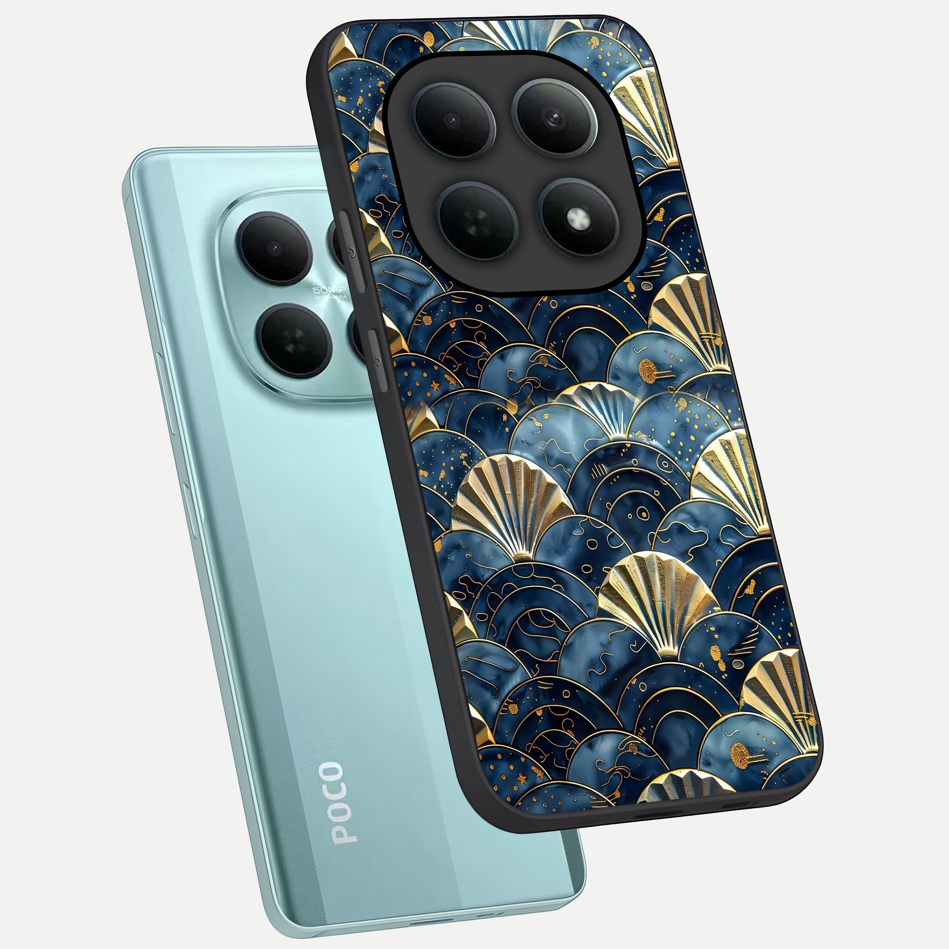  Golden Wave Luxe phone case For Poco M8 showing premium glass back cover with detailed artwork