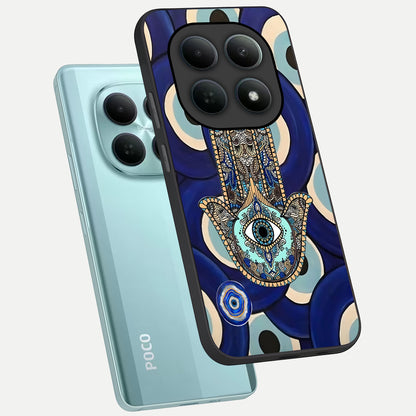  Hamsa Divine Guard phone case For Poco M8 showing premium glass back cover with detailed artwork