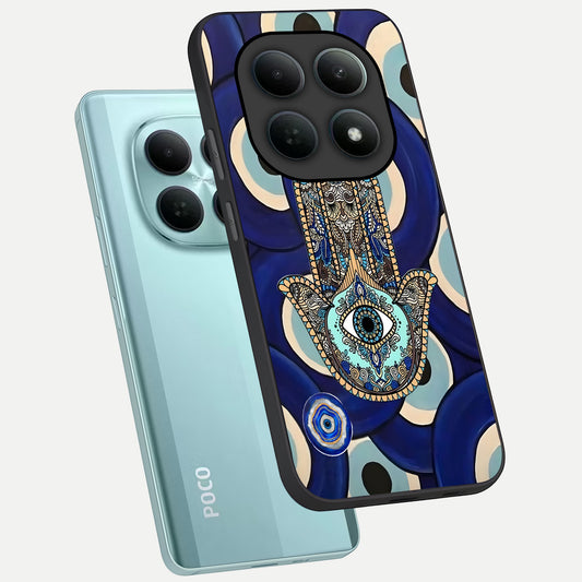  Hamsa Divine Guard phone case For Poco M8 showing premium glass back cover with detailed artwork
