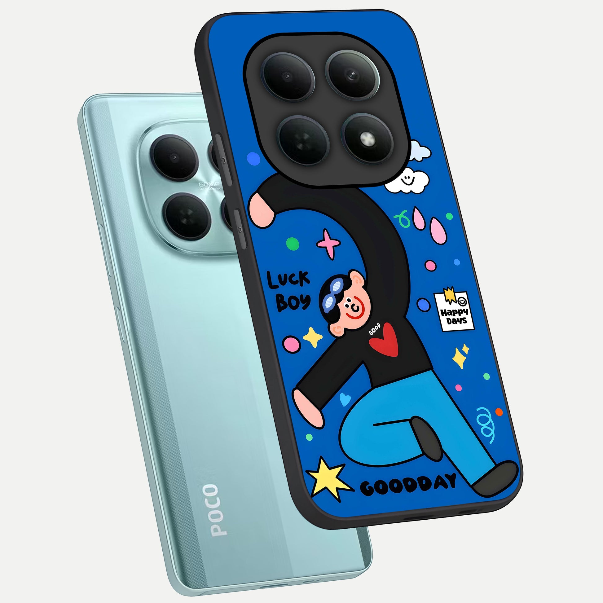  Happy Luck Vibe phone case For Poco M8 showing premium glass back cover with detailed artwork