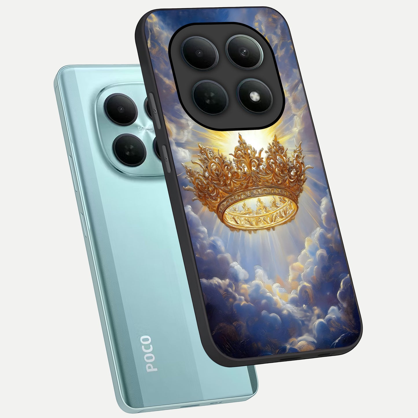  Heavenly Crown Light phone case For Poco M8 showing premium glass back cover with detailed artwork