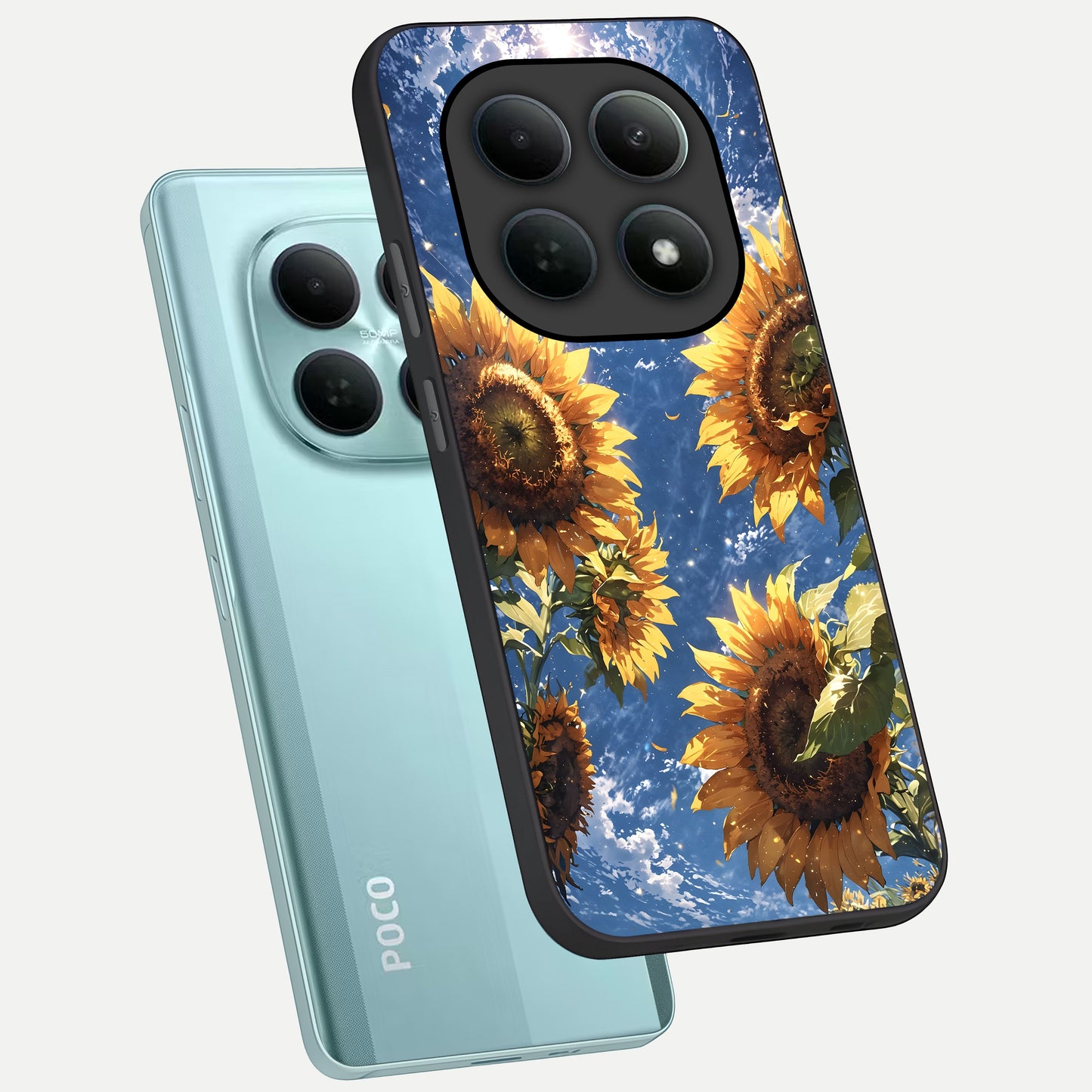  Heavenly Sunflower Rise phone case For Poco M8 showing premium glass back cover with detailed artwork