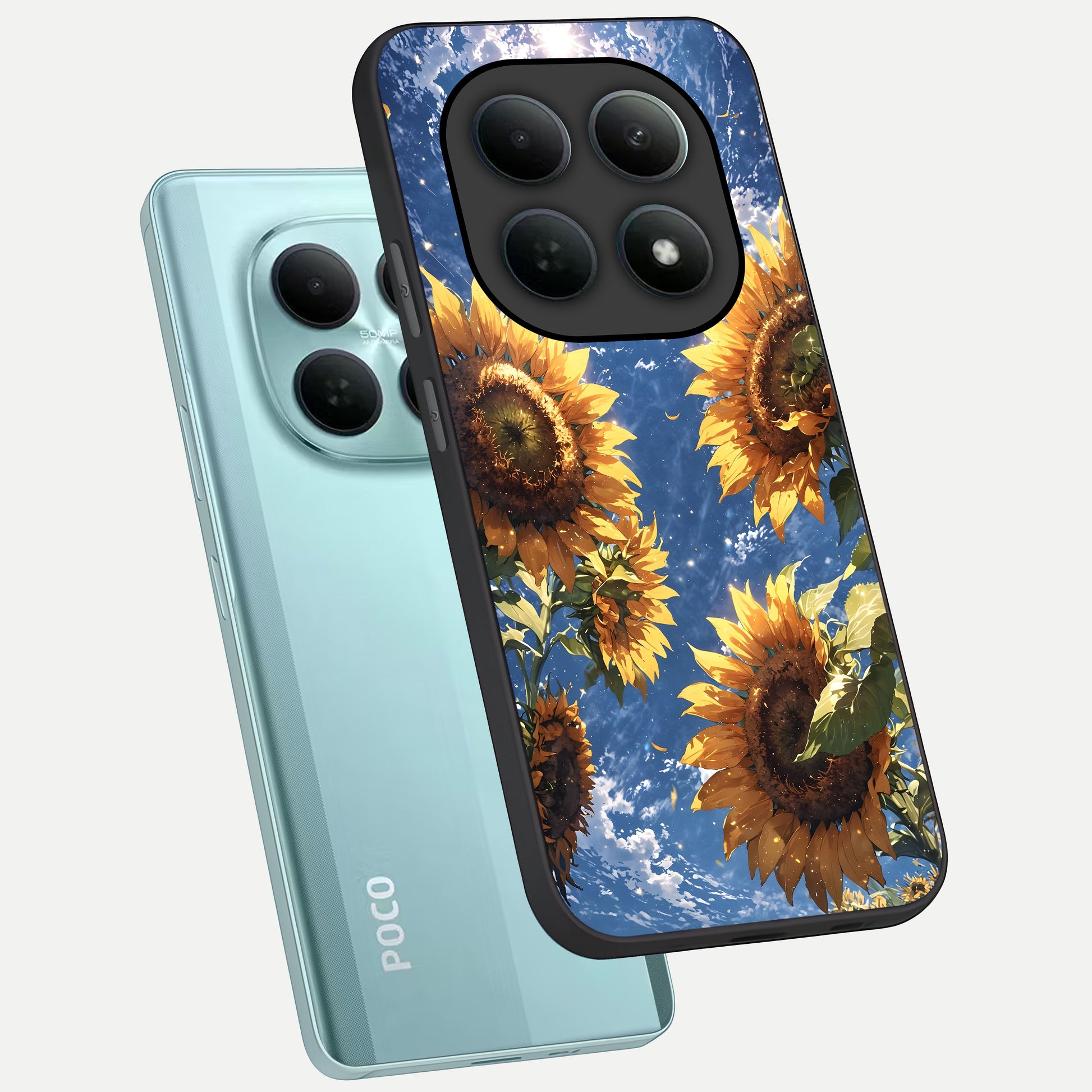  Heavenly Sunflower Rise phone case For Poco M8 showing premium glass back cover with detailed artwork