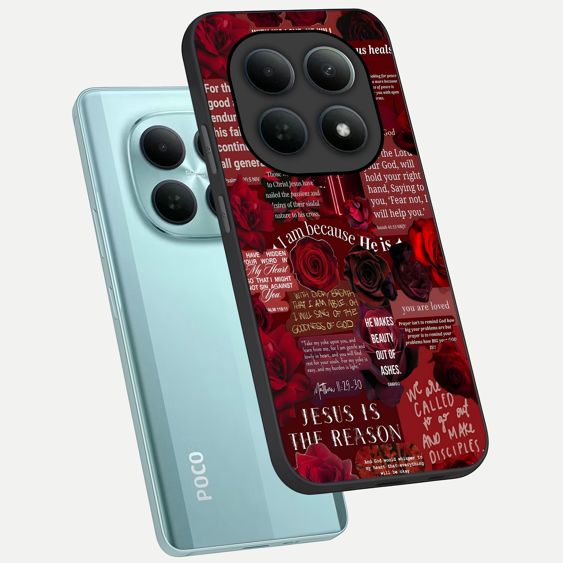 Jesus Love Heals phone case For Poco M8 showing premium glass back cover with detailed artwork