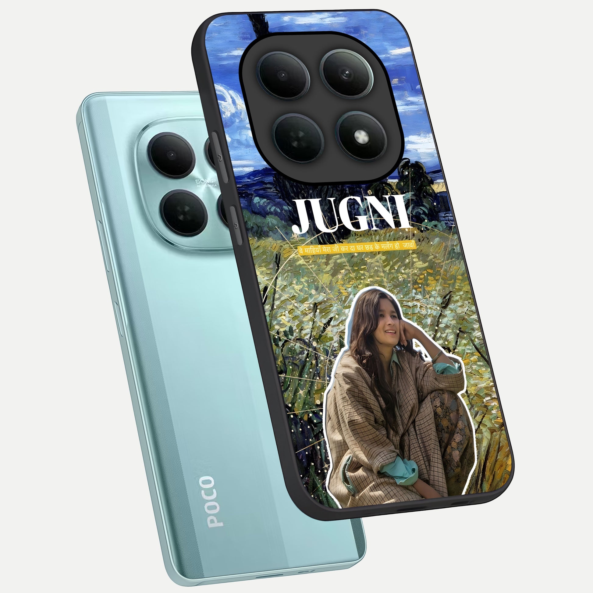  Jugni Soul Vibes phone case For Poco M8 showing premium glass back cover with detailed artwork