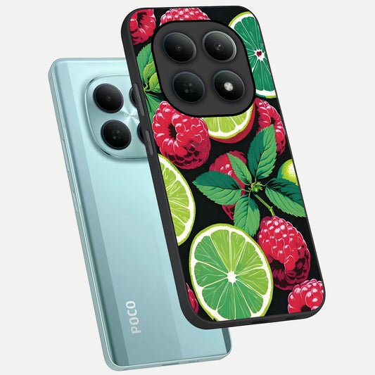  Lime and Raspberry Pattern phone case For Poco M8 showing premium glass back cover with detailed artwork