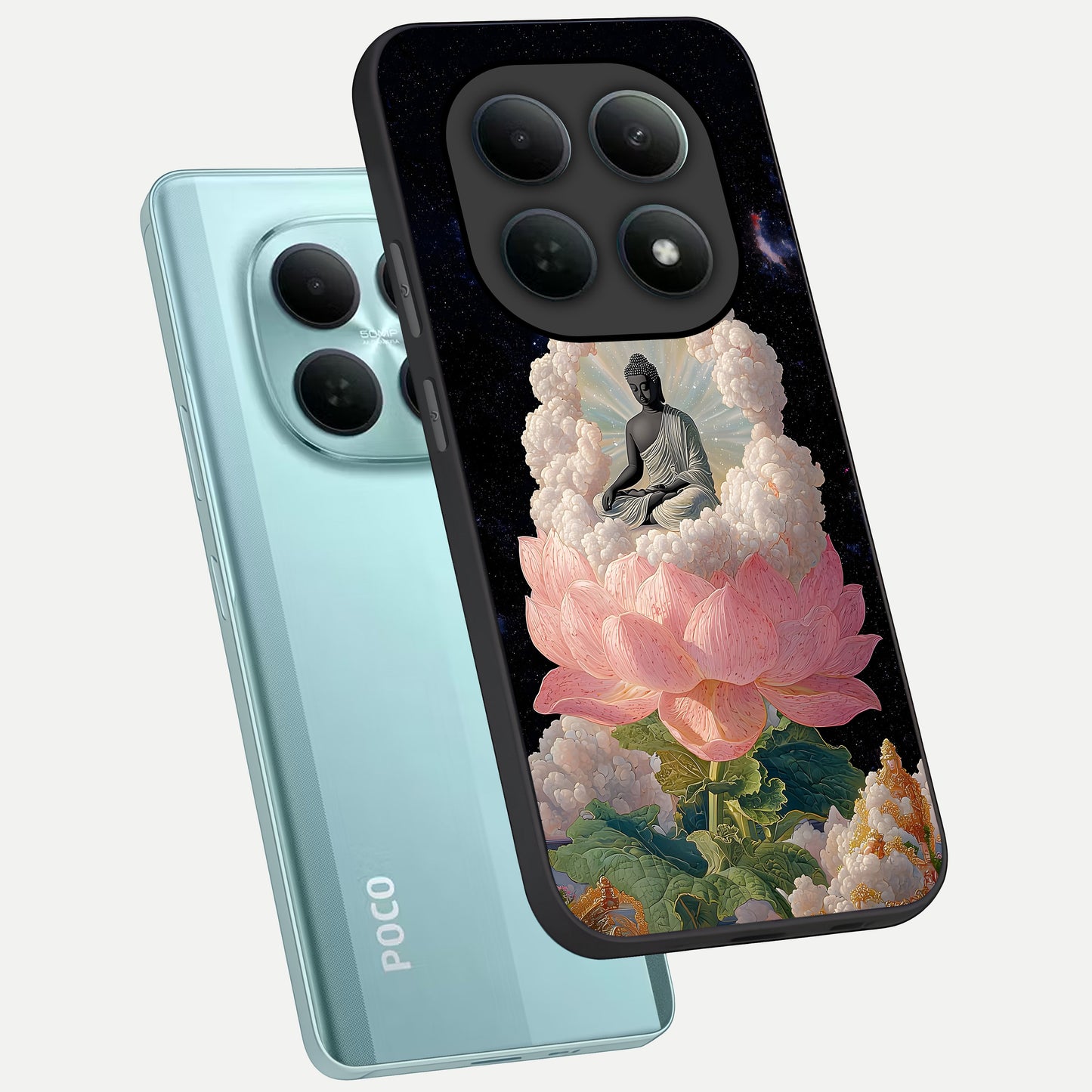  Lotus Divine Peace phone case For Poco M8 showing premium glass back cover with detailed artwork