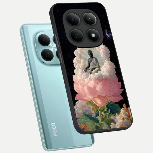  Lotus Divine Peace phone case For Poco M8 showing premium glass back cover with detailed artwork