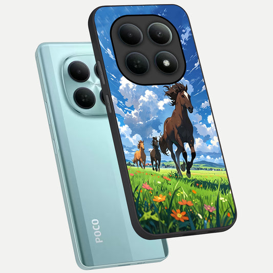  Majestic Horses Galloping phone case For Poco M8 showing premium glass back cover with detailed artwork