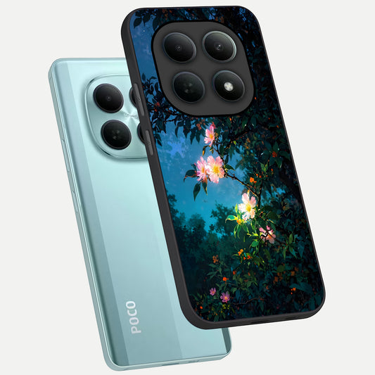  Midnight Bloom Glow phone case For Poco M8 showing premium glass back cover with detailed artwork