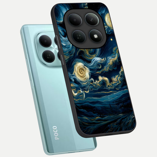  Midnight Sky Whirl phone case For Poco M8 showing premium glass back cover with detailed artwork