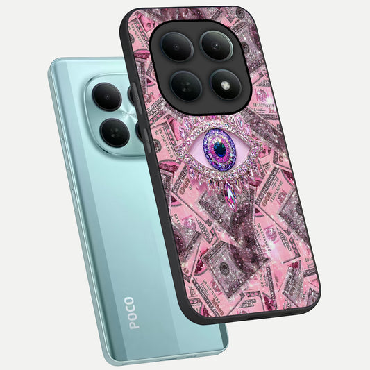  Money Eye Luxe phone case For Poco M8 showing premium glass back cover with detailed artwork