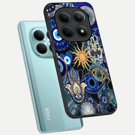  Mystic Blue Evil Eye phone case For Poco M8 showing premium glass back cover with detailed artwork