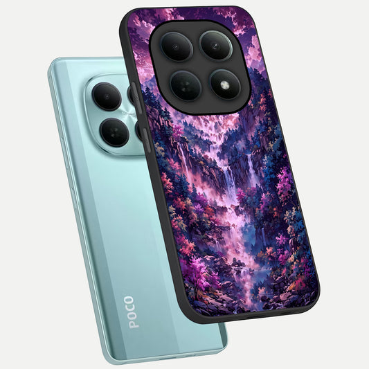  Mystic Cascade Peaks phone case For Poco M8 showing premium glass back cover with detailed artwork