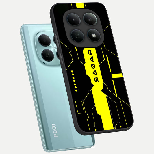  Neon CYBERPUNK Custom Name phone case For Poco M8 showing premium glass back cover with detailed artwork