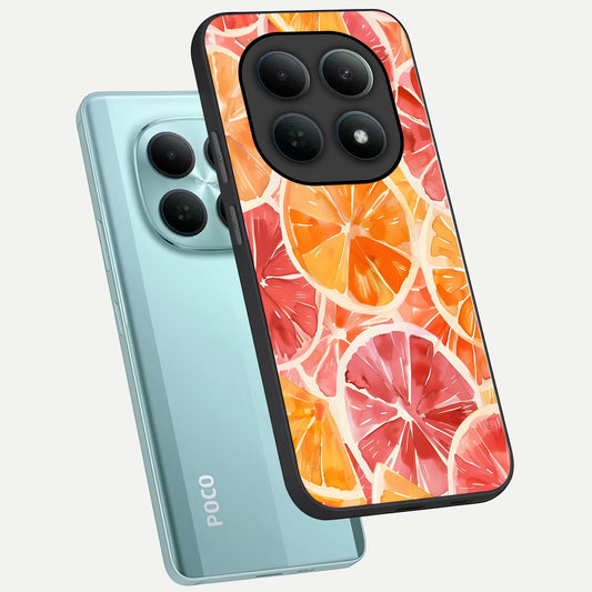  Orange Fruits Pattern phone case For Poco M8 showing premium glass back cover with detailed artwork