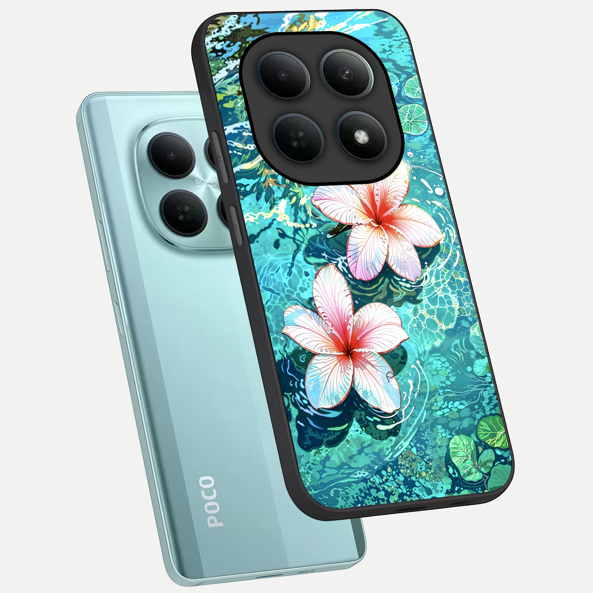  Pink Flowers in Water phone case For Poco M8 showing premium glass back cover with detailed artwork