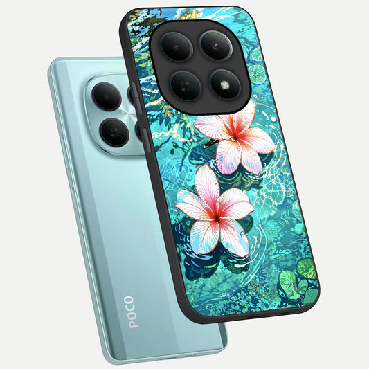  Pink Flowers in Water phone case For Poco M8 showing premium glass back cover with detailed artwork
