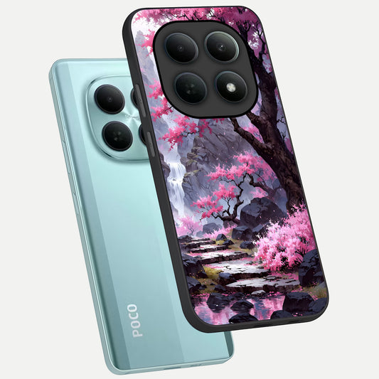  Pink Sunflower Glow phone case For Poco M8 showing premium glass back cover with detailed artwork