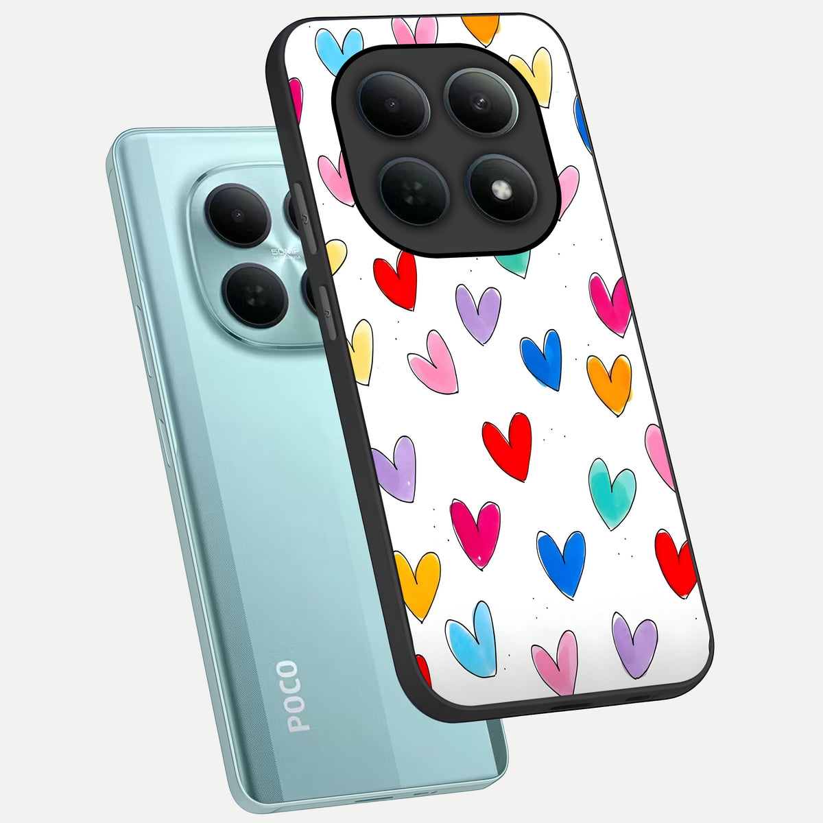  Playful Love Doodles phone case For Poco M8 showing premium glass back cover with detailed artwork