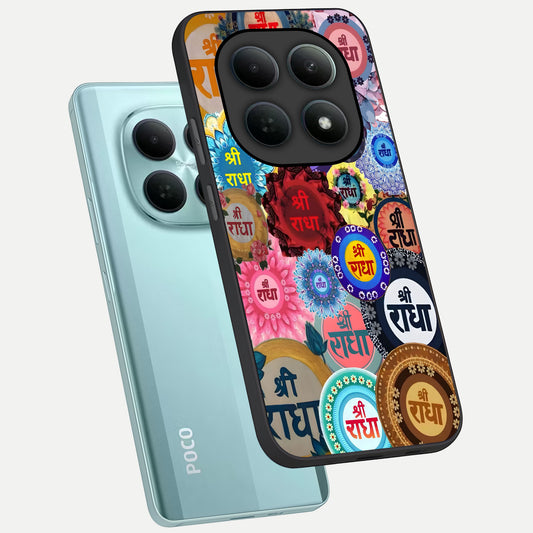  Radha Divine Bloom phone case For Poco M8 showing premium glass back cover with detailed artwork