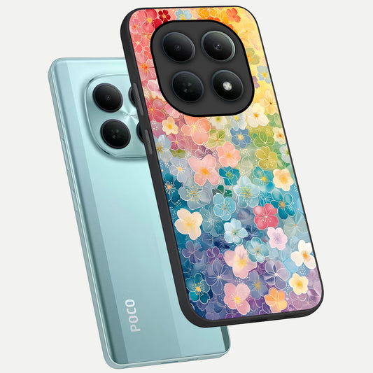  Rainbow Blossom Burst phone case For Poco M8 showing premium glass back cover with detailed artwork