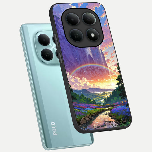  Rainbow Valley Dream phone case For Poco M8 showing premium glass back cover with detailed artwork