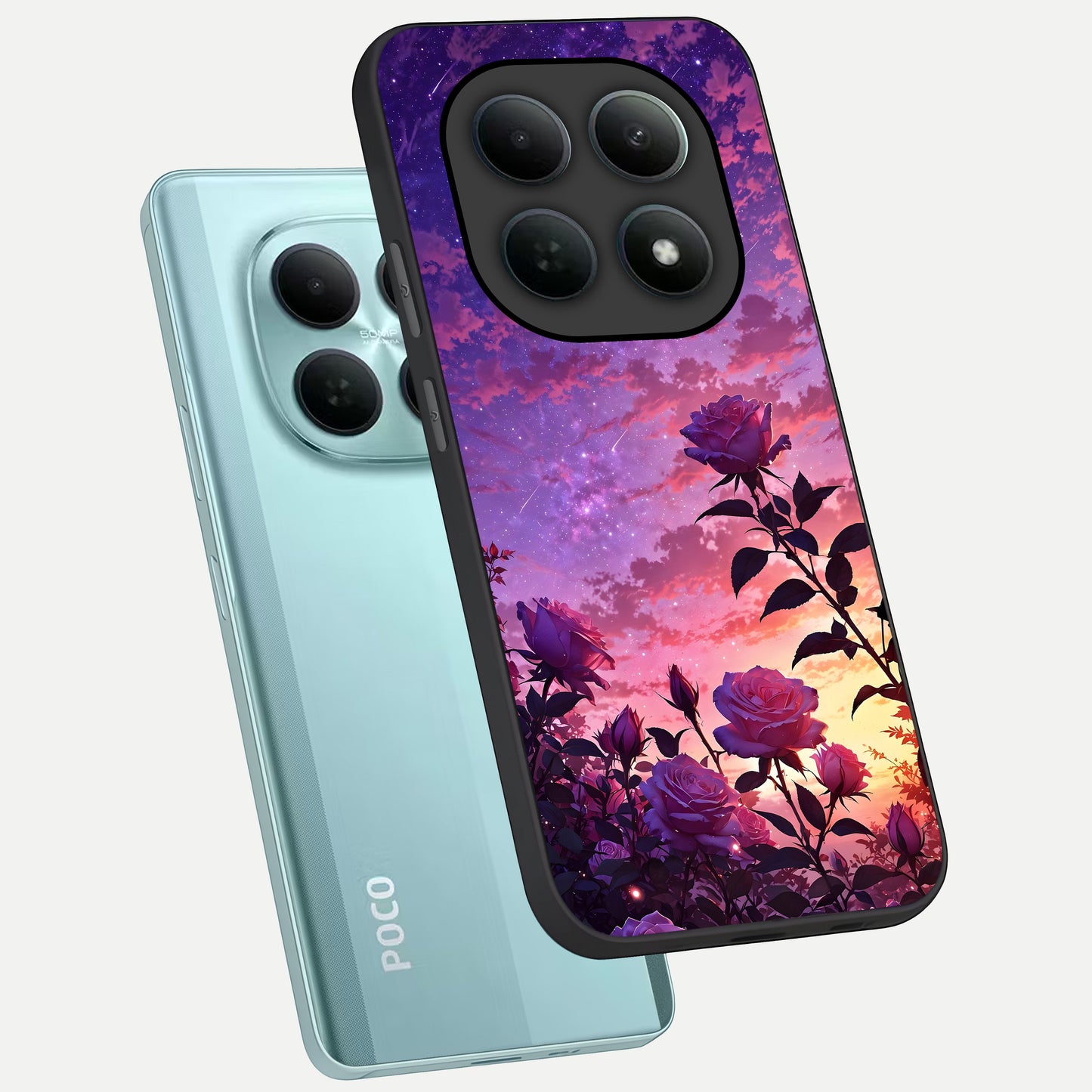  Starlit Rose Twilight phone case For Poco M8 showing premium glass back cover with detailed artwork