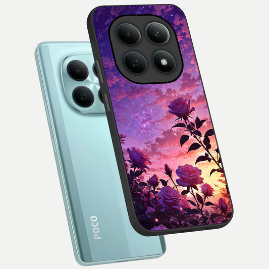  Starlit Rose Twilight phone case For Poco M8 showing premium glass back cover with detailed artwork