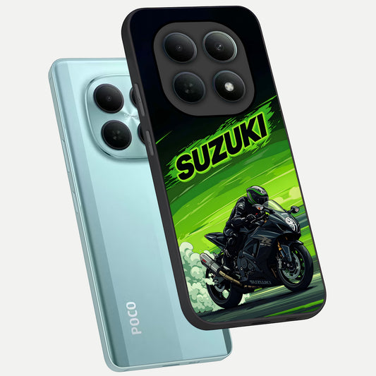  Suzuki Speed Beast phone case For Poco M8 showing premium glass back cover with detailed artwork