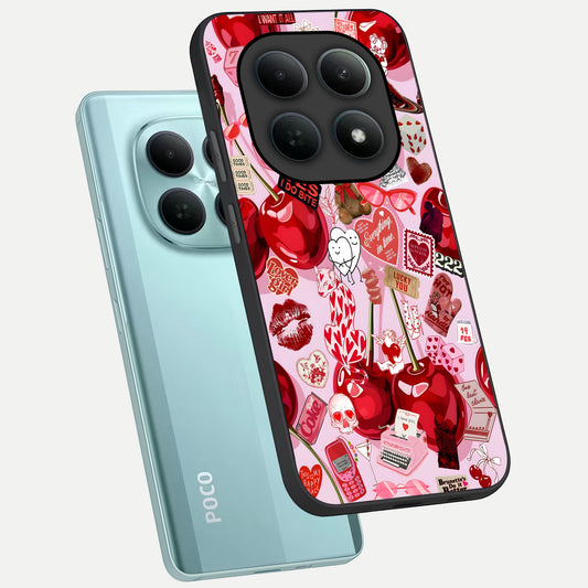  Sweet Cherry Chaos phone case For Poco M8 showing premium glass back cover with detailed artwork