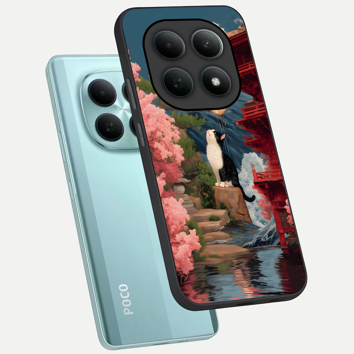  Temple Cat Scenery phone case For Poco M8 showing premium glass back cover with detailed artwork