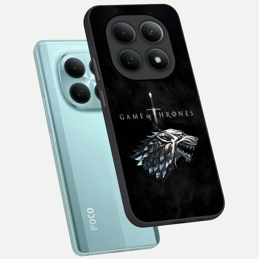 Throne Wolf Legacy phone case For Poco M8 showing premium glass back cover with detailed artwork