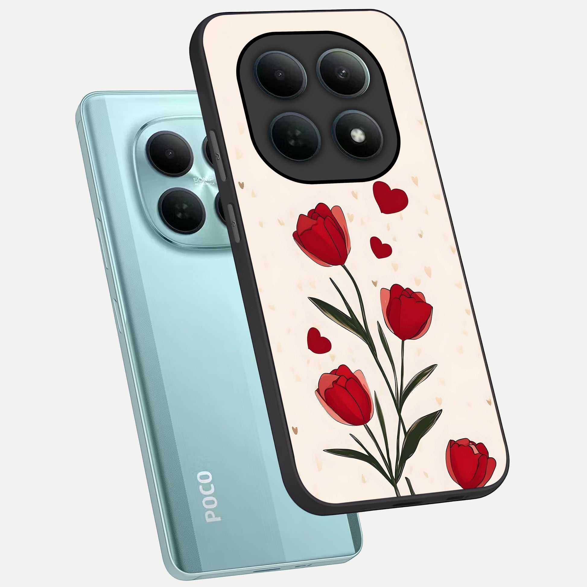  Tulip With Heart phone case For Poco M8 showing premium glass back cover with detailed artwork