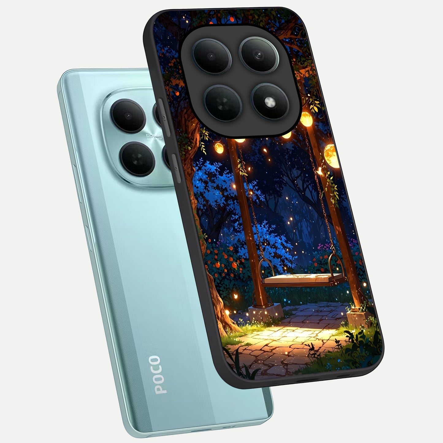  Twilight Garden Swing phone case For Poco M8 showing premium glass back cover with detailed artwork