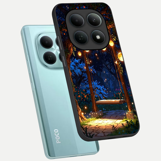  Twilight Garden Swing phone case For Poco M8 showing premium glass back cover with detailed artwork