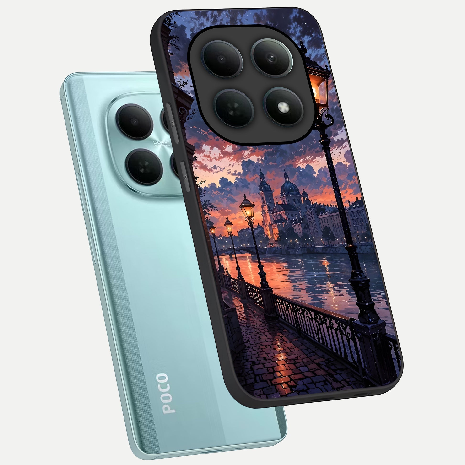  Twilight River Lights phone case For Poco M8 showing premium glass back cover with detailed artwork