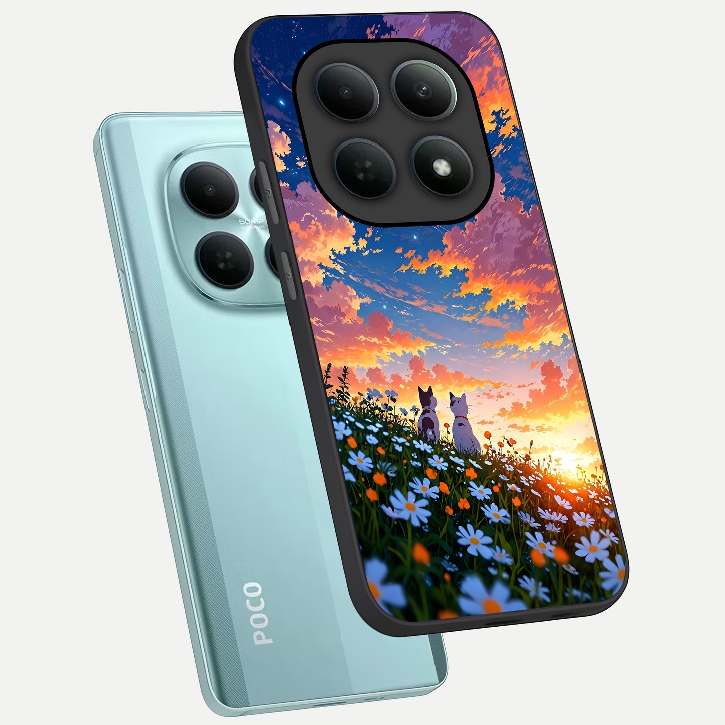  Two Cats Friends phone case For Poco M8 showing premium glass back cover with detailed artwork