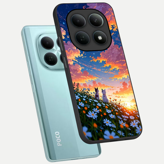  Two Cats Friends phone case For Poco M8 showing premium glass back cover with detailed artwork