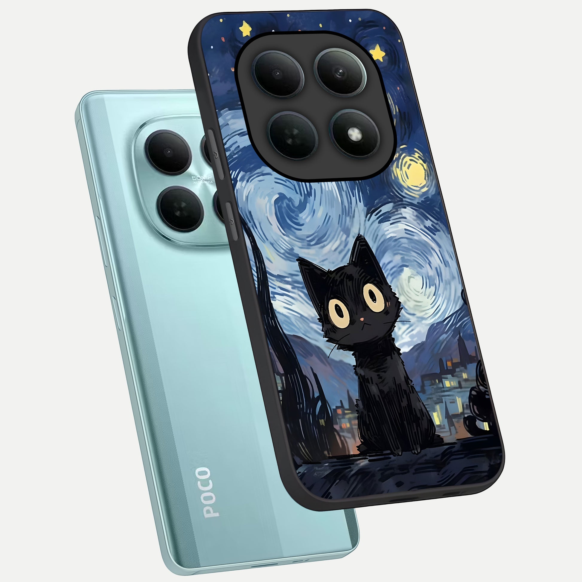  Van Gogh Cat phone case For Poco M8 showing premium glass back cover with detailed artwork